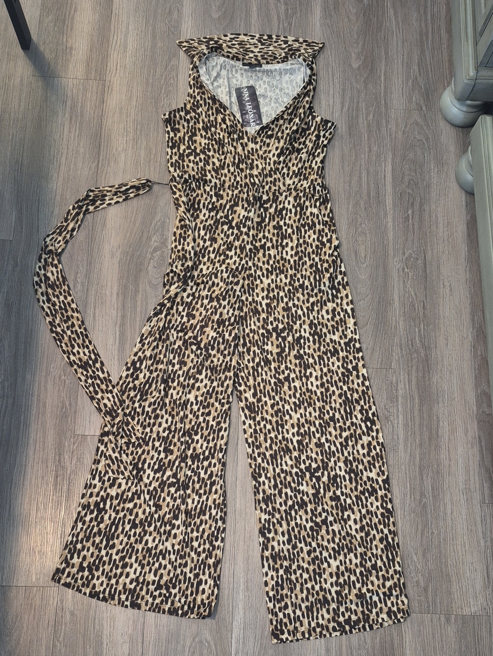 Nina Leonard Beige and Black Leopard Print Sleeveless Jumpsuit with Tie
